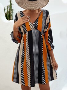 SHEIN LUNE Polka Dot & Striped Print Flounce Sleeve Dress - Multicolor - View 1