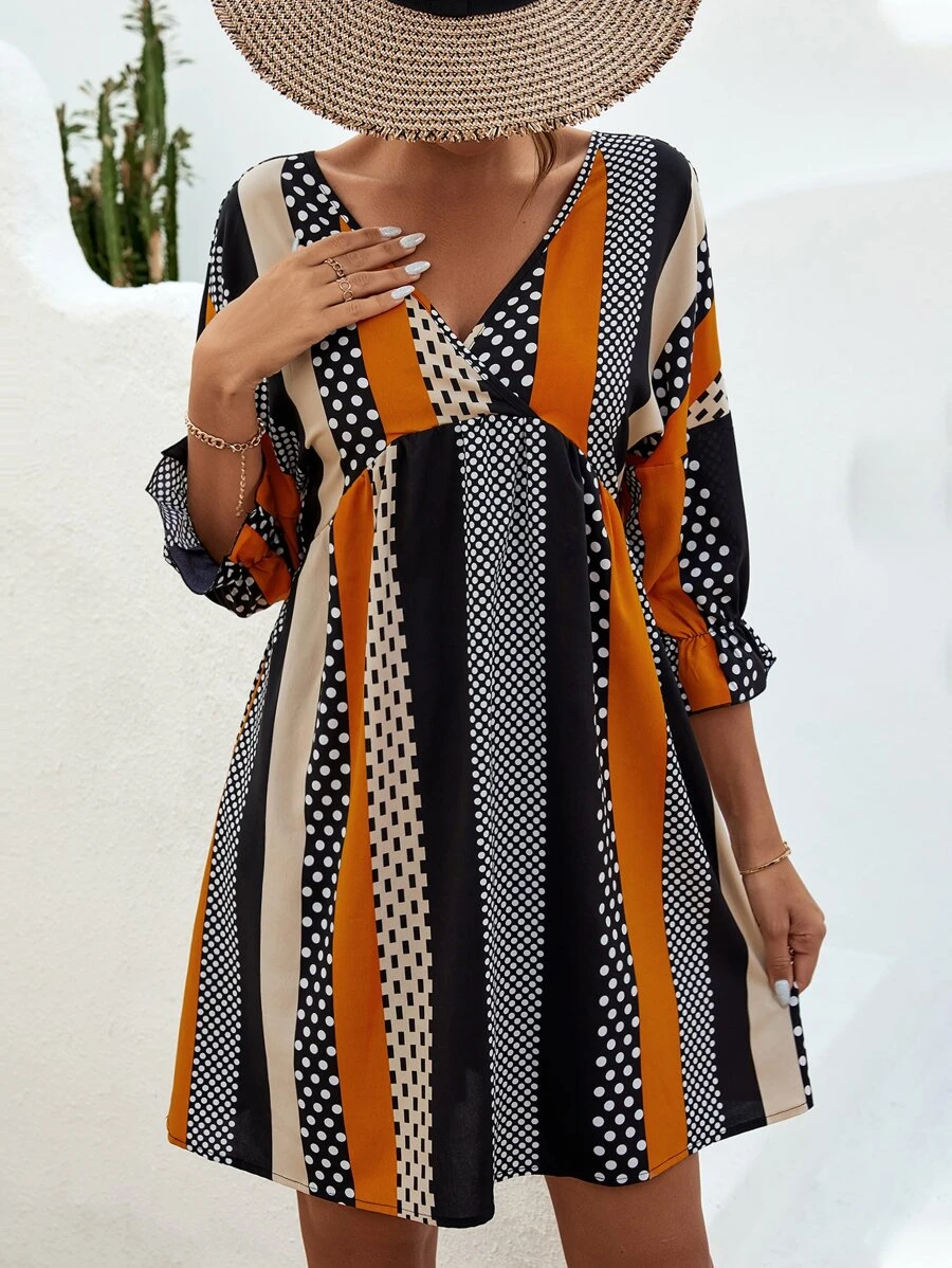 SHEIN LUNE Polka Dot & Striped Print Flounce Sleeve Dress - Multicolor - View 1