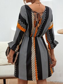 SHEIN LUNE Polka Dot & Striped Print Flounce Sleeve Dress - Multicolor - View 2