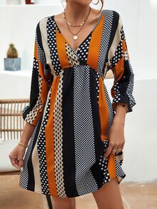 SHEIN LUNE Polka Dot & Striped Print Flounce Sleeve Dress - Multicolor - View 3