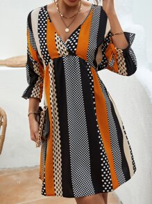 SHEIN LUNE Polka Dot & Striped Print Flounce Sleeve Dress - Multicolor - View 4