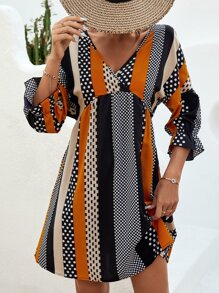 SHEIN LUNE Polka Dot & Striped Print Flounce Sleeve Dress - Multicolor - View 5