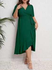 SHEIN Clasi 加大泡泡袖荷叶边下摆系带连衣裙女装 - 綠色 - 查看 3