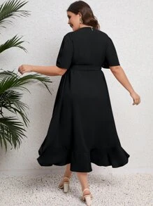 SHEIN Clasi Vestido largo con mangas abullonadas, volantes en el bajo y cinturón para mujer - Negro - Ver 2