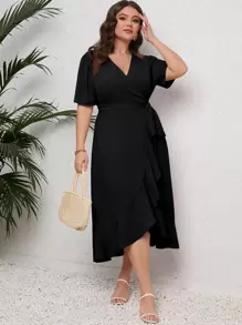 SHEIN Clasi Vestido largo con mangas abullonadas, volantes en el bajo y cinturón para mujer - Negro - Ver 4