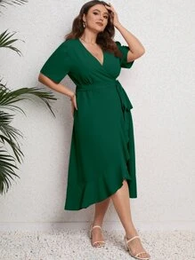 SHEIN Clasi 加大泡泡袖荷叶边下摆系带连衣裙女装 - 綠色 - 查看 6