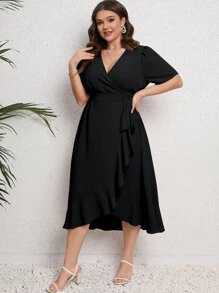 SHEIN Clasi Vestido largo con mangas abullonadas, volantes en el bajo y cinturón para mujer - Negro - Ver 5
