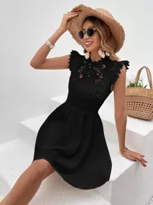 SHEIN VCAY Guipure Lace Panel Zip Back Dress - Black - View 3