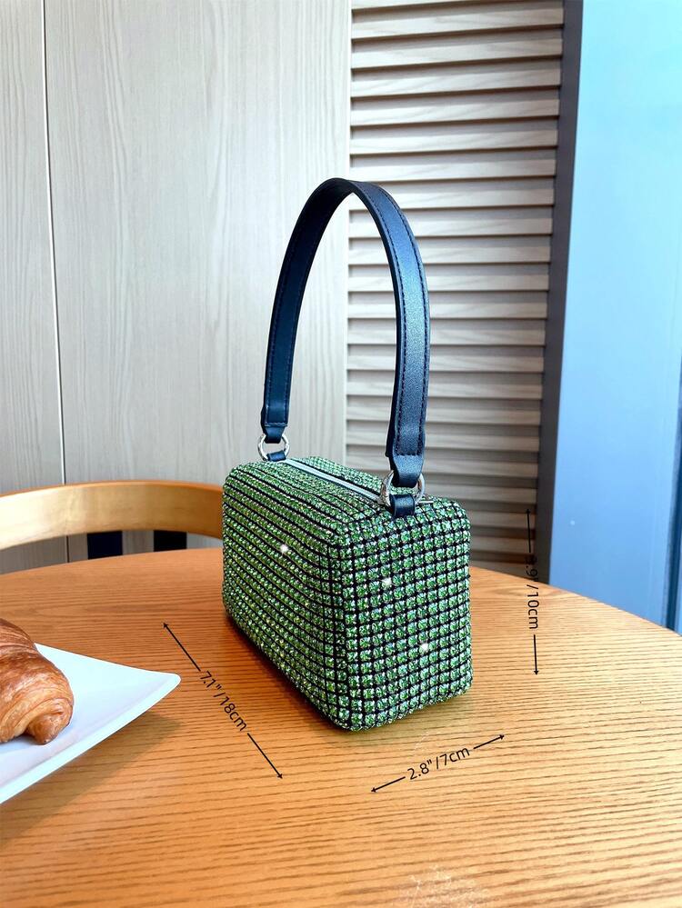 Bolsa cuadrada mini con diseño de diamante de imitación con solapa - Verde - Añade 4