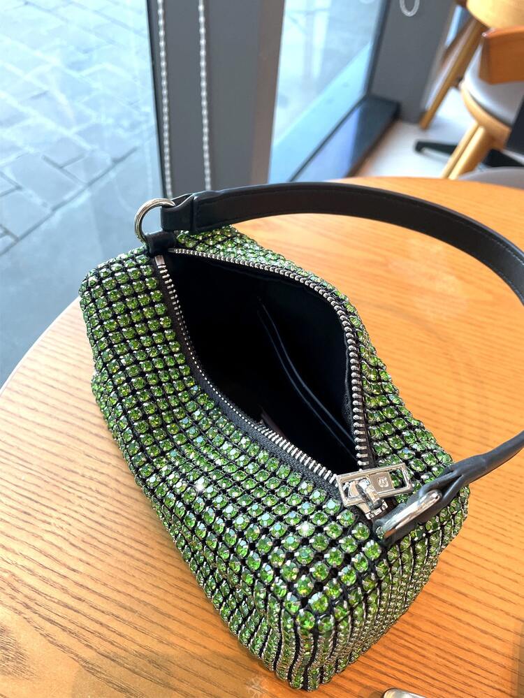 Bolsa cuadrada mini con diseño de diamante de imitación con solapa - Verde - Añade 5