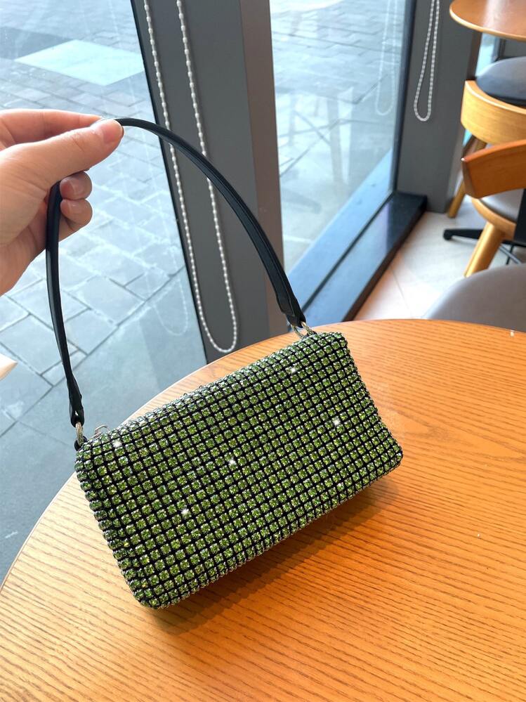 Bolsa cuadrada mini con diseño de diamante de imitación con solapa - Verde - Añade 6