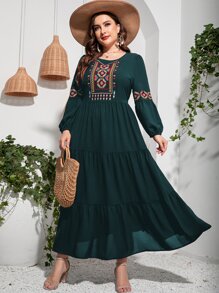 Mulvari Plus Geo Embroidery Lantern Sleeve Ruffle Hem Dress Kaftan Jalabiya Dress - Dark Green - View 1