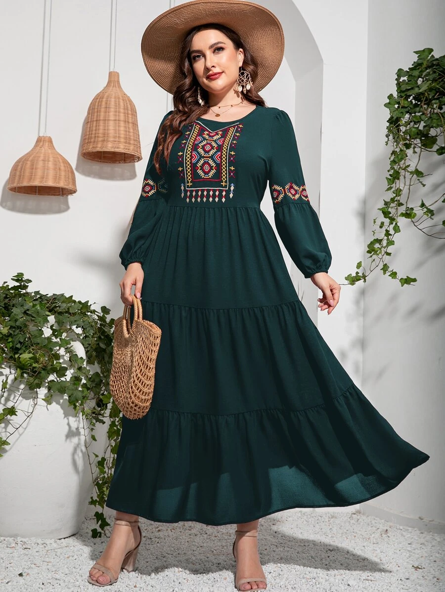 Mulvari Plus Geo Embroidery Lantern Sleeve Ruffle Hem Dress Kaftan Jalabiya Dress - Dark Green - View 1