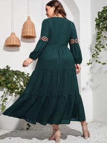 Mulvari Plus Geo Embroidery Lantern Sleeve Ruffle Hem Dress Kaftan Jalabiya Dress - Dark Green - View 2