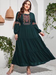 Mulvari Plus Geo Embroidery Lantern Sleeve Ruffle Hem Dress Kaftan Jalabiya Dress - Dark Green - View 4