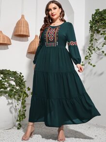 Mulvari Plus Geo Embroidery Lantern Sleeve Ruffle Hem Dress Kaftan Jalabiya Dress - Dark Green - View 5