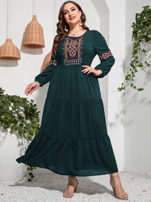 Mulvari Plus Geo Embroidery Lantern Sleeve Ruffle Hem Dress Kaftan Jalabiya Dress - Dark Green - View 6