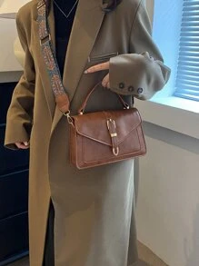 搭扣裝飾翻蓋方包 - 棕色 - 查看 2