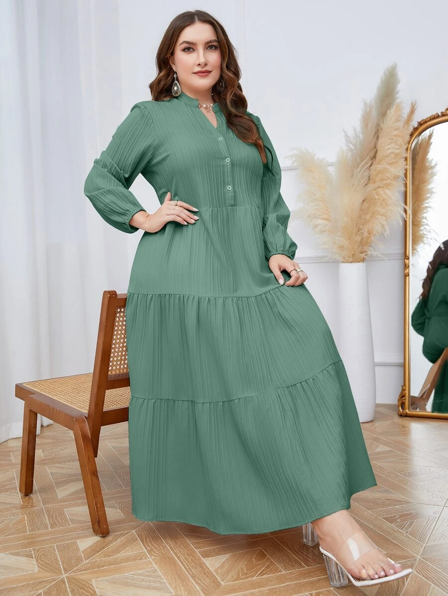 Mulvari Đầm Plus Size Viên lá sen Nút phía trước phân lớp màu trơn Giải trí - màu xanh lá - Xem 1
