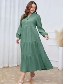 Mulvari Đầm Plus Size Viên lá sen Nút phía trước phân lớp màu trơn Giải trí - màu xanh lá - Xem 4