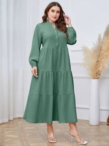 Mulvari Đầm Plus Size Viên lá sen Nút phía trước phân lớp màu trơn Giải trí - màu xanh lá - Xem 5