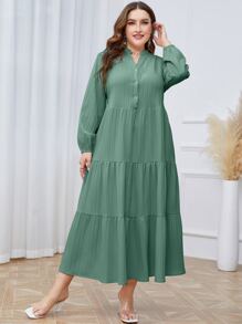 Mulvari Đầm Plus Size Viên lá sen Nút phía trước phân lớp màu trơn Giải trí - màu xanh lá - Xem 6