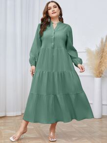 Mulvari Đầm Plus Size Viên lá sen Nút phía trước phân lớp màu trơn Giải trí - màu xanh lá - Xem 7