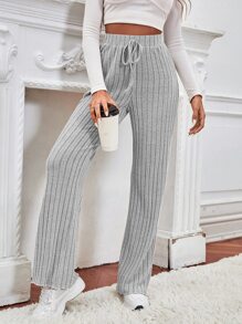 SHEIN Frenchy Pantalones Anchos De Canalé Con Cintura Elástica Unicolor Con Bolsillos - Gris - Ver 1