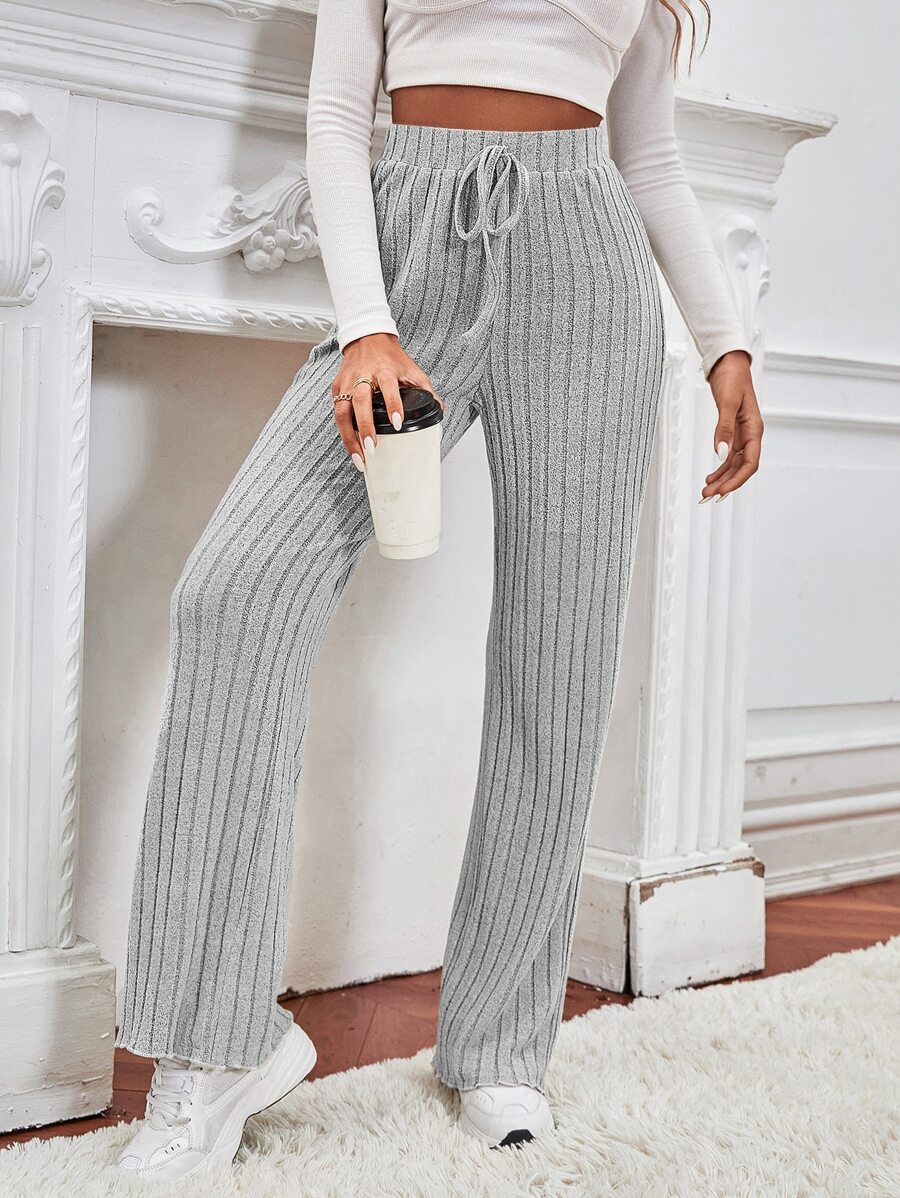 SHEIN Frenchy Pantalones Anchos De Canalé Con Cintura Elástica Unicolor Con Bolsillos - Gris - Ver 1