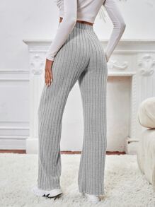 SHEIN Frenchy Pantalones Anchos De Canalé Con Cintura Elástica Unicolor Con Bolsillos - Gris - Ver 2
