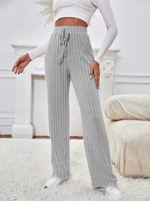 SHEIN Frenchy Pantalones Anchos De Canalé Con Cintura Elástica Unicolor Con Bolsillos - Gris - Ver 4
