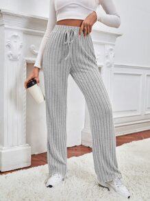 SHEIN Frenchy Pantalones Anchos De Canalé Con Cintura Elástica Unicolor Con Bolsillos - Gris - Ver 5