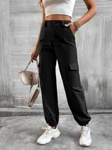 SHEIN Unity 側翻蓋口袋工裝褲 - 黑色 - 查看 1