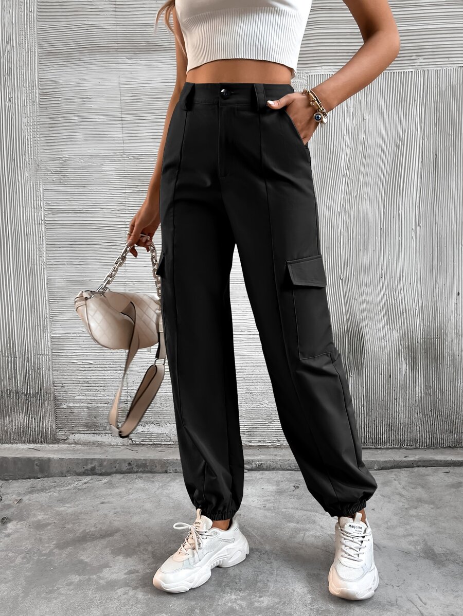 SHEIN Unity 側翻蓋口袋工裝褲 - 黑色 - 查看 1