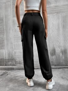 SHEIN Unity 側翻蓋口袋工裝褲 - 黑色 - 查看 2