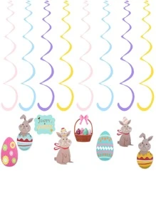 8 piezas/set de decoración de remolino colgante de plástico, decoración colgante de huevo y conejo de dibujos animados para Pascua