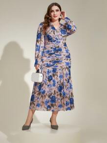 Modelyn Vestido con estampado floral fruncido bajo con fruncido - azul real - Ver 1