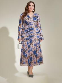 Modelyn Vestido con estampado floral fruncido bajo con fruncido - azul real - Ver 3