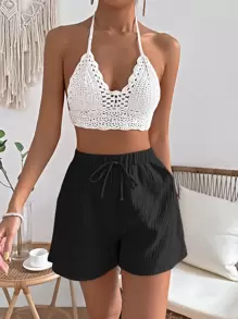 SHEIN VCAY Sommar Knytning vid Midjan Enfärgat Svart Shorts