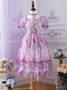 Girls Floral Print Puff Sleeve Ruffle Hem Mesh Overlay Dress - Purple - View 1