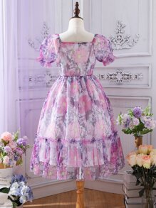 Girls Floral Print Puff Sleeve Ruffle Hem Mesh Overlay Dress - Purple - View 2