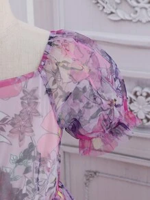 Girls Floral Print Puff Sleeve Ruffle Hem Mesh Overlay Dress - Purple - View 3