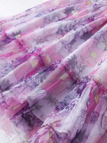 Girls Floral Print Puff Sleeve Ruffle Hem Mesh Overlay Dress - Purple - View 6