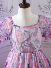 Girls Floral Print Puff Sleeve Ruffle Hem Mesh Overlay Dress - Purple - View 7