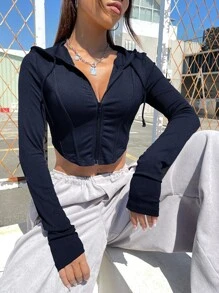 SHEIN EZwear Zip Up Drawstring Hooded Crop Sweatshirt - Royal Blue - View 3