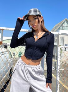 SHEIN EZwear Zip Up Drawstring Hooded Crop Sweatshirt - Royal Blue - View 1