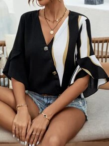 SHEIN Clasi Colorblock Flounce Sleeve Button Front Blouse - Black - View 1