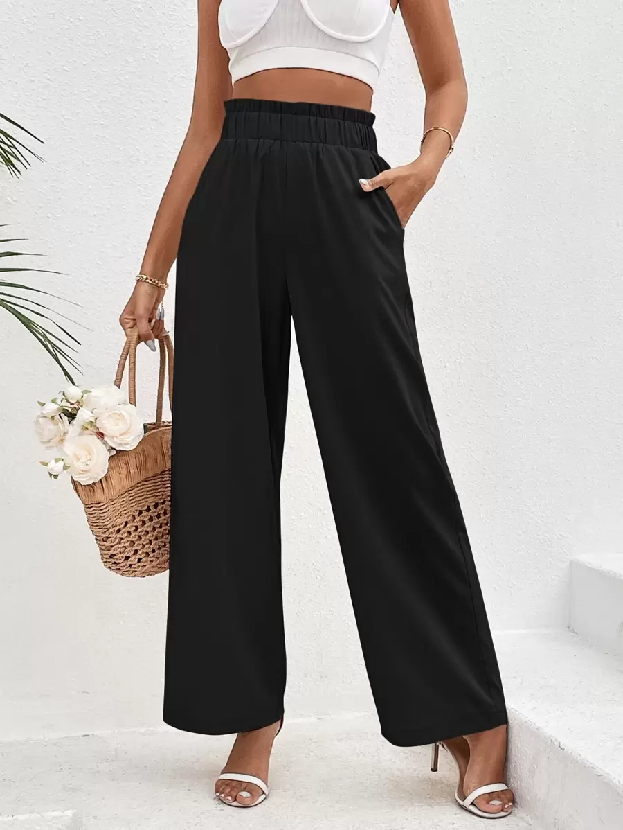 SHEIN VCAY Paperbag Waist Slant Pocket Wide Leg Trousers - Black - View 1