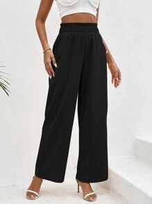 SHEIN VCAY Paperbag Waist Slant Pocket Wide Leg Trousers - Black - View 3