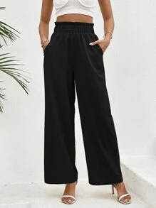 SHEIN VCAY Paperbag Waist Slant Pocket Wide Leg Trousers - Black - View 4